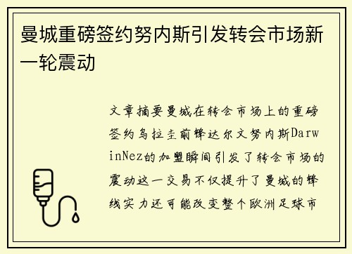 曼城重磅签约努内斯引发转会市场新一轮震动